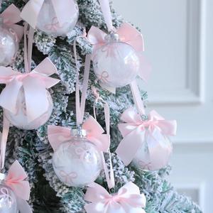 9pcs Pink Christmas Tree Bow Ornaments 3.15'' Clear Plastic DIY Fillable Ball Ornaments with Bow Stickers for Xmas Hanging Ornaments Pendant Girl's Wedding Birthday Decoration Gift
