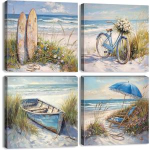 Coastal Beach Landscape Wall Art Nautical Themed Bathroom Decor Rustic Bike Boat Surfboard Wall Decor for Living Room Abstract Nature Coast Seascape Canvas Picture Beachy Home Decorations 12x12" 4Pcs 