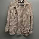 OMSJ Women's Striped Button Down Shirts Casual Long Sleeve Stylish V Neck Blouses Tops with Pockets (Medium, Brown)
