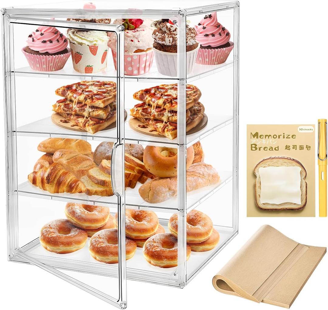 Pastry Display Case,Large Bakery Cookie Display Stand for Kitchen Countertop,4 Layers Adjustable Clear Bread Storage with Magnetic Door Bread Box and Cupcake Kitchen Counter 15.5x11.4x9.8 Inch