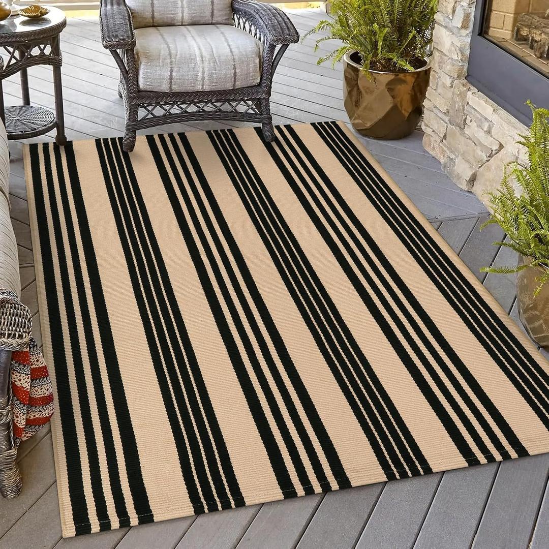 OJIA Outdoor Area Rugs 4'x6', Black and Tan Outdoor Rug Machine Washable Patio Rugs Cotton Hand Woven Entryway Rug Indoor Rugs for Bedroom/Porch/Deck/Backyard/Camping/Living Room
