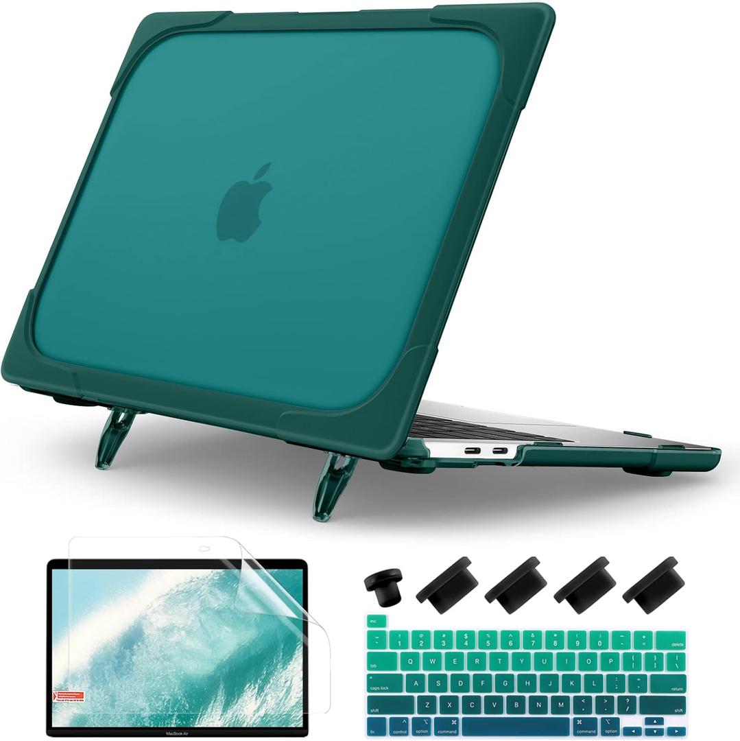 Batianda Heavy Duty Case for New MacBook Pro 13 Inch 2022 2020 A2338 M2 M1 Chip A2289 A2251 with Touch Bar, Shockproof Hard Shell Case with TPU Bumper Fold Kickstand & Keyboard Cover Skin, Deep Teal