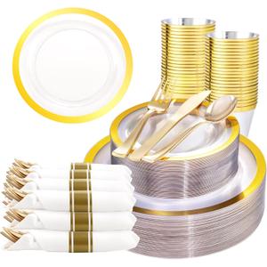 Liacere 350PCS Clear Gold Plastic Plates for 50 Guests Dinnerware Include 100 disposable Plates 150 Gold Silverware 50Napkins for Party & Wedding & New Year & Christmas
