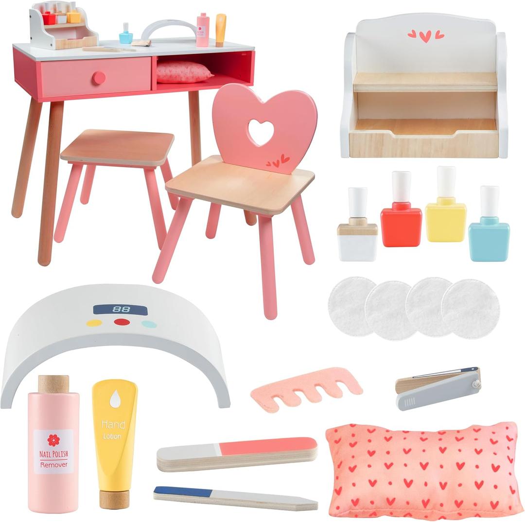 Pretend Nail Salon Wooden Play Set- Glam & Glow Full Playset Includes Nail Polishes, Beauty Caddy, File, Dryer Chair & Stool- Mess-Free Girls Fun Mani Pedi Manicure Care, Kids Indoor Activity Center