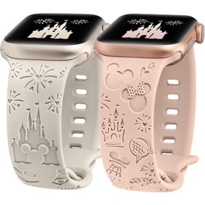 2 Packs Cartoon Engraved Band Compatible with Apple Watch Band, Women, Cute Designer Soft Silicone Strap for iWatch Size: 38/40/41/42mm(Series 11 10)(Starlight & Pink)
