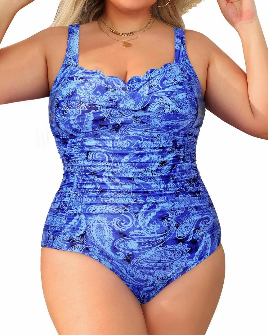 Aqua Eve Women's Plus Size One Piece Swimsuit- Tummy Control Bathing Suit Full Coverage Swimwear (Blue Paisley) 22W