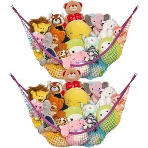 Lilly's Love Stuffed Animal Hammock | Corner Hanging Organizer, Stuffed Animal Storage | Easy to Hang Plushie Net w/Included Anchors & Hooks | Cute Room & Bedroom Decor (Rainbow, 2 Pack) (Standard)