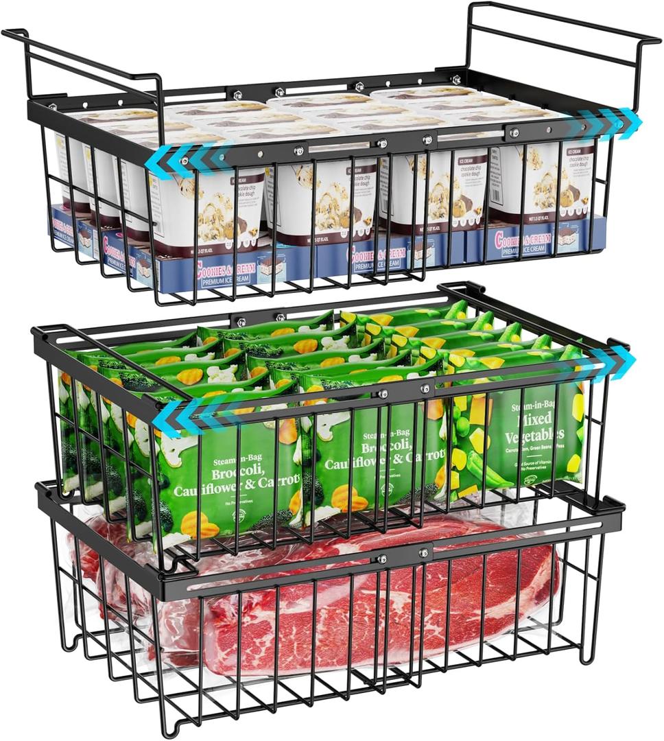 iSPECLE Deep Freezer Organizer Bins - 3 Pack Large Freezer organizer Bins, Hanging Basket Expands to 22.6" (L), Stackable Bins Expand to 17.1"(L), Fit 10 to 20 Cu.FT, 1 Hanging & 2 Stacking, Black