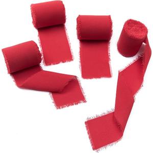 4 Rolls Red Handmade Fringe Chiffon Silk Ribbon 2" W x 5Yd Per Roll,Frayed Edges Ribbon Set for Gifts Wrapping,Wedding Invitations,Bouquets,DIY Crafts (2" x20Yd, Red)