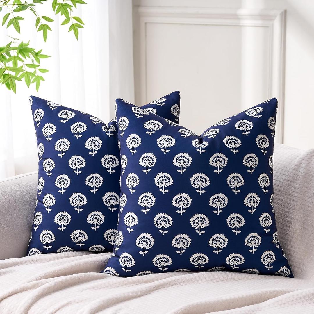 Navy Blue Floral Throw Pillow Covers 18x18 Boho Farmhouse Sofa Pillow Covers Set of 2, Vintage Flower Pillowcase Decorative Neutral Boho Pillowcases for Couch Living Room Home Decor, Navy Blue, Pack of 3