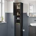 VASAGLE Tall Storage Cabinet with Lights, Slim Freestanding Cabinet with Adjustable Shelves, for Small Spaces, Bathroom, Living Room, Modern, 11.8 Inches Wide, Ink Black UBBK566BC01S, 11.8"D x 11.8"W x 66.9"H