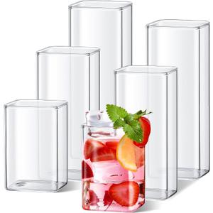 Sumind Set of 6 Square Drinking Glasses 8/13/17 oz Cocktail Glass Cups Clear Tall Cute Tumbler for Iced Tea Juice Beer Coffee Mixed Drink