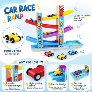 Toddler Toys for 1 2 Year Old Boy and Girl Gifts Wooden Race Track Car Ramp Racer with 4 Mini Car