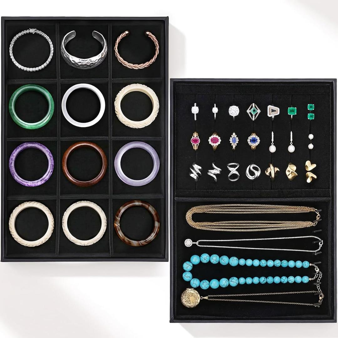 2 PCS Jewelry Drawer Organizer, 12 Grids Jewelry Display Tray Stackable Velvet Jewelrys Trays with Removable Dividers Multipurpose Earring Holder Necklace Bracelet Ring Organizer