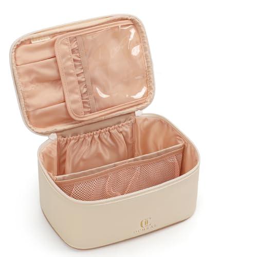 Makeup Bag,Travel Makeup Organizer Bag, Large Capacity Cosmetic Bags For Women Large Travel Toiletry Bag Girls Traveling With Brush Slot And Divider-White