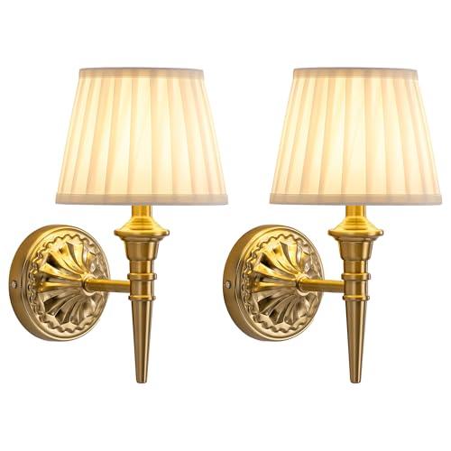 KDG Cordless Gold Wall Sconces Set of 2, Beige Fabric Lampshde Wall Lamps