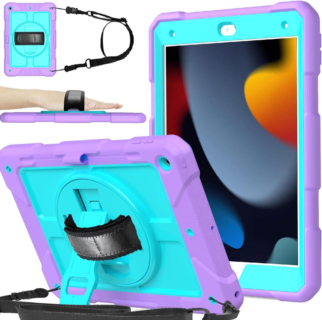 BMOUO Case for iPad 9th/8th/7th Generation 10.2", Shockproof 360 Rotating Stand Shoulder Hand Strap for iPad 9th/8th/7th Gen Case with Pencil Holder for iPad 10.2 inch 2021/2020/2019 - Purple Teal