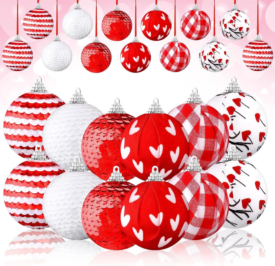 Riceshoot 12 Pcs Valentines Day Ball Ornaments 2.36 Inch Red Pink White Buffalo Plaid Decor Heart Balls Ornaments for Tree Valentine's Day Party Supplies Decorations (1.97 Inches/ 5 cm, Cute)