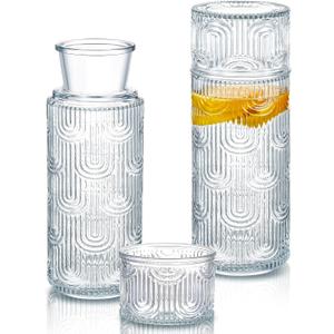 Hushee 4 Pcs Bedside Water Bottle and Glass Set Two Carafe and Glass Set 21.6 oz Water Bottle with Two Lids Mouthwash Dispenser for Bathroom Kitchen Nightstand