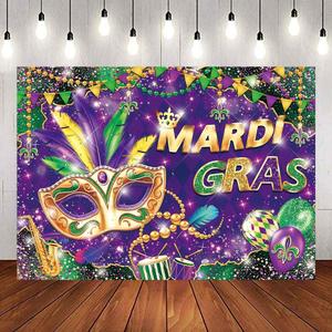 Mardi Gras Backdrop Masquerade Carnival Dancing Dress-up Photography Background Wedding Bachelorette Mardi Gras Party Decoration Banner Supplies (94x70inch(8x6FT))