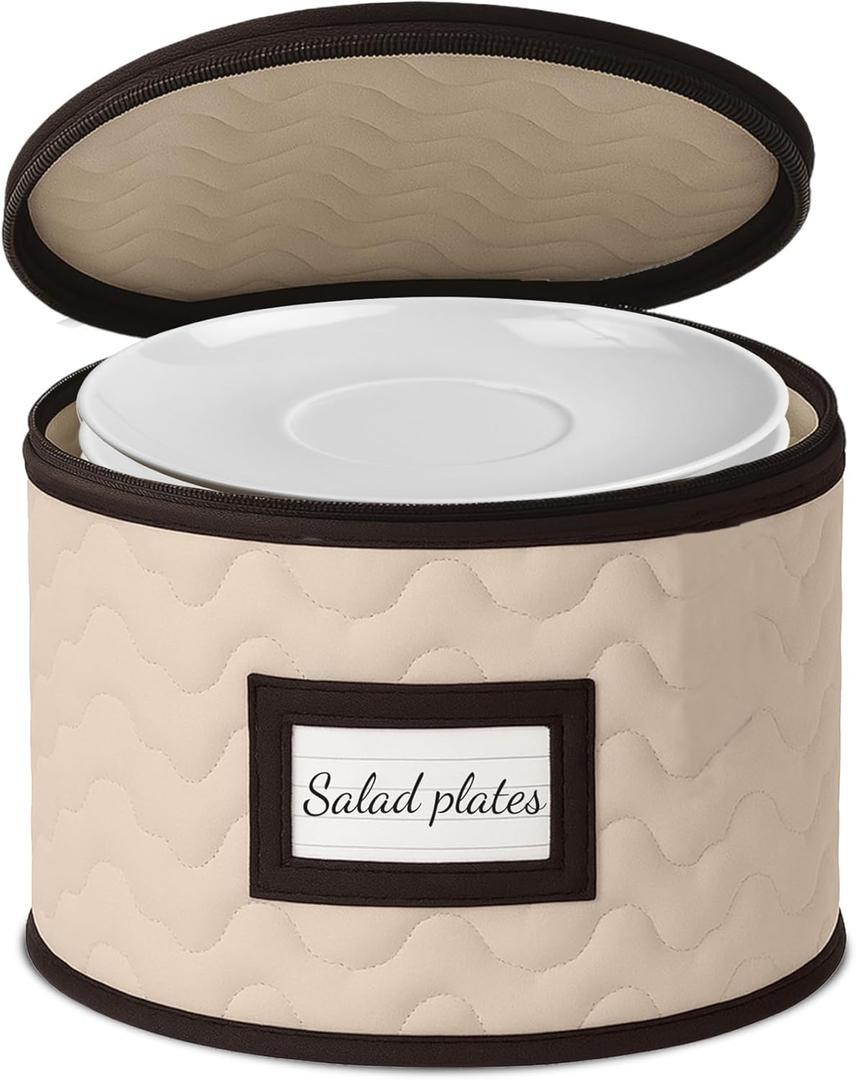 Salad Plates Storage - Quilted Microfiber China Organizer Box with Dividers , Protects & Organizes Up to 12 Plates of 8" - Ideal for Seasonal Dishware Protection