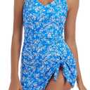 One Piece Swim Dress Swimsuits for Women Tummy Control Swimdress Skirt V Neck Bathing Suit (Small, Blue Floral Print)