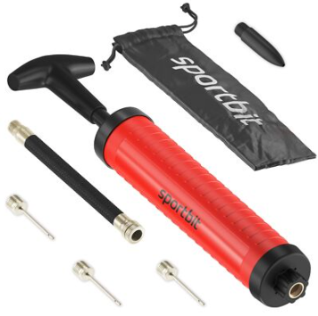 SPORTBIT Ballpump for Sports Balls - Basketball Pump for Sport Balls - Football & Soccer, Basketball, Volleyball Pump, Swim Inflatables - Hand Air Pump with 3 Needles, Nozzle, Extension Hose, Pouch (Red)