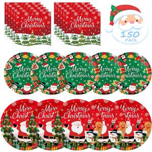 150 Pack Christmas Paper Plates and Napkins Sets - Disposable Merry Christmas Plates Napkins Dinnerware, Winter Xmas Heavy Duty Dessert Dinner Plate for Christma Party Supplies Table Decor, Serves 50 (Red-150 Pcs)
