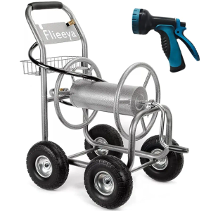 Flieeya Garden Hose Reel Cart - Heavy Duty Steel with 200ft Capacity, 4 Wheels, Storage Basket, Non-Slip Handle, 10 Pattern Nozzle & Cover, Silver