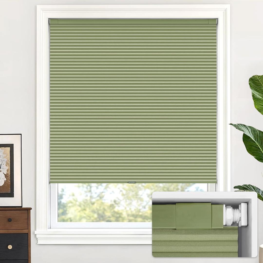 LazBlinds Cordless Cellular Shades, No Tools No Drill Blackout Honeycomb Shades Pleated Blinds for Windows, 35 1/2" W x 64" H, Green