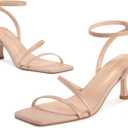 wetkiss Nude Heels for Women Kitten Heels Woman Sandals Low Heeled Sandal Cute Strappy Square Toe, Nude, Size 9.5
