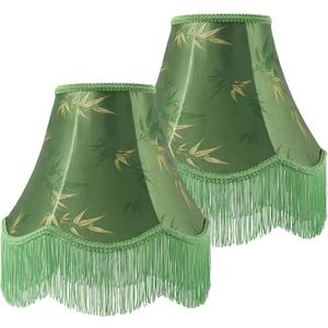 Green Bell Fringe Lamp Shades Set of 2, 6" x 13" x 10.6"(Spider) Victorian Scalloped Trim Lampshades, Bamboo Leaf Patterned Fabric Replacement Lamp Shades for Table Lamps, Easy Assembly