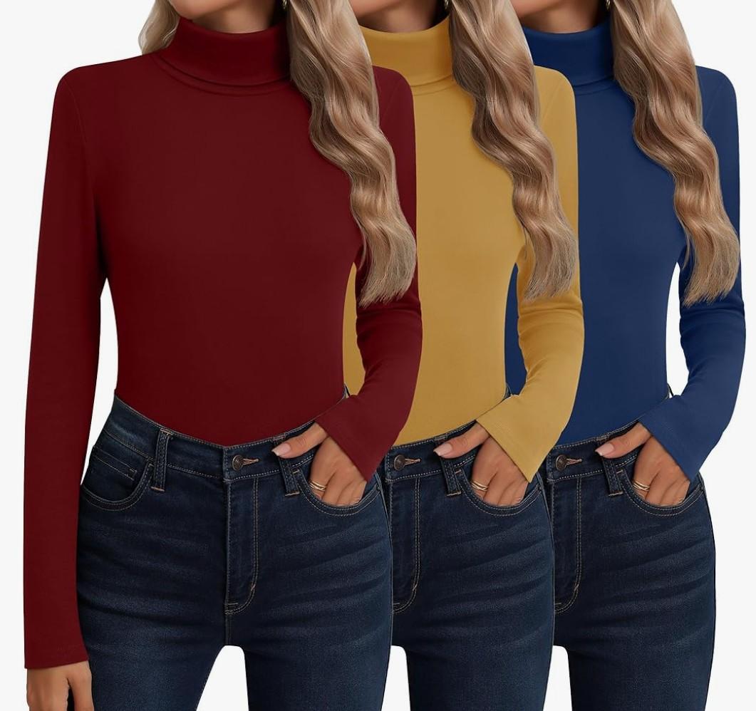 Neer 3 Pack Cotton Women's Turtleneck Long Sleeve Tops Thermal Underwear Base Layer Fall Winter Shirts Sweater, Medium