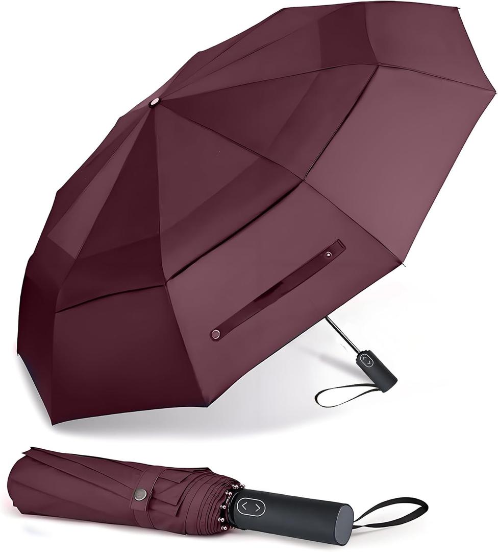 MRTLLOA 62 Inch Large Folding Golf Umbrella, Oversize Double Canopy Vented 10 Ribs Windproof Compact Travel Umbrellas for Rain(62 Inch, Burgundy)