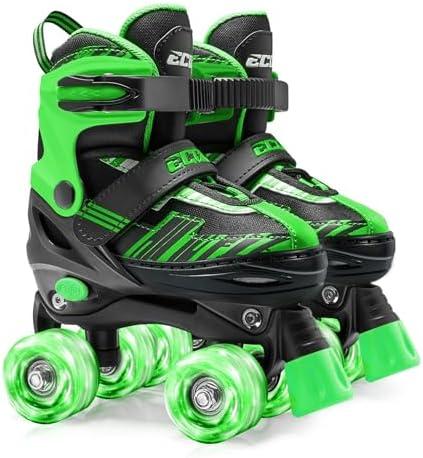 ECOO Roller Skates for Girls Boys Ages 4-12, Toddler Kids 4 Size Adjustable Light up Wheels Beginner Skates (Green, Medium) Big Kids（13j-3 US）