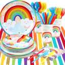Rainbow Party Supplies, Happy Birthday Decorations for Girls & Boys -169pcs Rainbow Party Tableware Set Include 9" and 7" Party Plates and Napkins Cups Utensils with Tablecloth for 24 Guests
