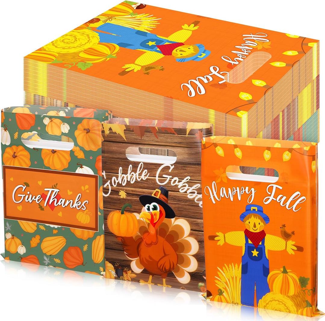 Frienda 120 Pcs Thanksgiving Gift Plastic Treat Bags Bulk Happy Thanksgiving Goodie Bags with Handle Fall Turkey Autumn Candy Snack for Holiday Party Favor Supplies