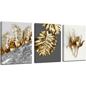 Biuteawal 3 Piece Grey Gold Wall Art White Flower Gold Leaf Canvas Painting Floral Picture Art Prints Mininalist Plant Botanical Artwork Home Bathroom Office Bedroom Decor Framed Ready to Hang