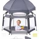 Babelio Baby Playpen with Canopy, Pop up Toddler Tent, Travel/Nap, Indoor and Outdoor, Portable&Foldable, Beach Tent, Sun Protection, Double-Door, One-Touch Storage - Grey