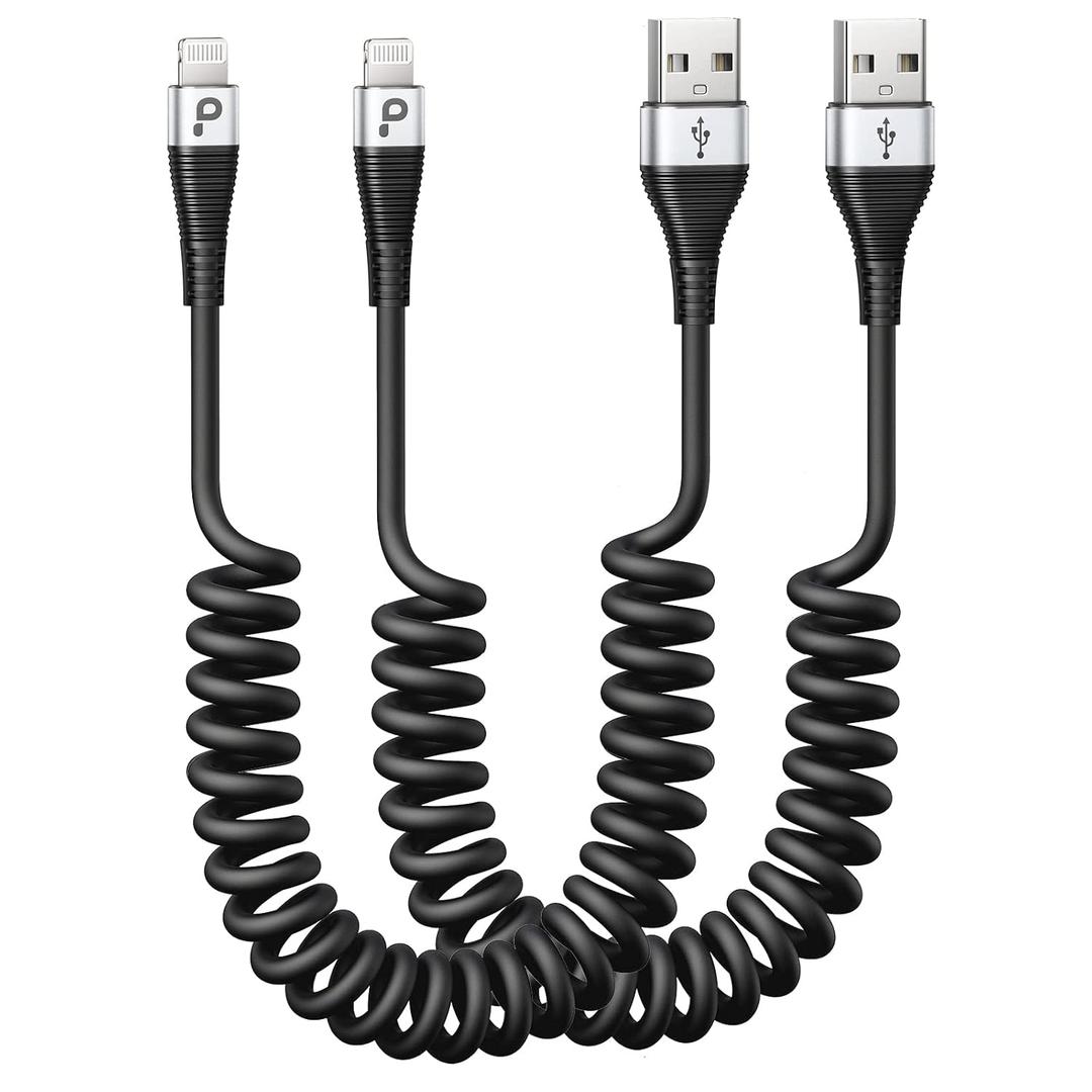 Coiled Lightning Cable 3ft, 2 Pack iPhone Charger Cable for Car, [Apple MFi Certified] Short Retractable Charging Cord Compatible with iPhone 14/13/12/11 Pro Max/XS MAX/XR/XS/8/iPad/iPod/CarPlay (Silver)