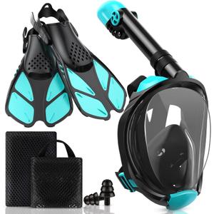 Mask Fins Snorkeling Gear for Adults, Full Face Snorkel Mask & Adjustable Swim Fins Snorkel Set, Panoramic View Snorkel Mask Dry Top Anti-Fog Anti-Leak (Black Green)