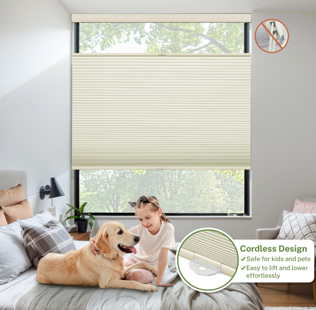 MiLin Cordless Top Down Bottom Up Cellular Shades Color-Matched Window Treatments Cellular Blinds for Windows Honeycomb Design Blinds & Shades (Blackout Creamy, 29" W x 64" H)