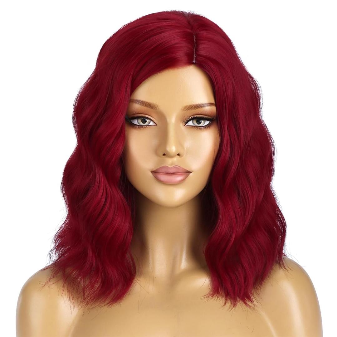BERON Wine Red Wigs for Women Short Curly Wavy Wig Girls Burgundy Color Body 14 Inch Heat Resistant Synthetic Hair Wig for Cosplay Party or Daily Use