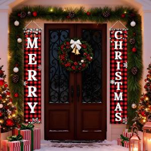 3 x Christmas Decorations Outdoor Yard Front Porch Sign Set Christmas Door Banner Red Black Door Decoration Hanging Merry Christmas Decorations for Home, Wall, Front Door, Yard