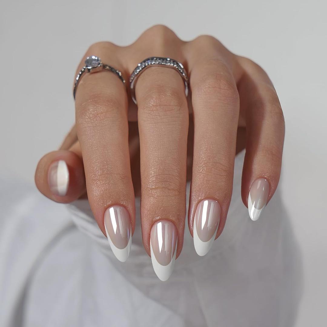 BTArtbox Press On Nails Almond - White French Tip Soft Gel Nails, Chrome Glue On Nails for Gifts, Natural Reusable Glazed Stick On Nails in 15 Sizes - 30 Fake Nails Kit, White Swan
