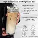 WERTIOO 20 Oz Ribbed Glass Tumblers with Straw and Lid, Glassware Drinking Glasses Set of 2, Leak Proof Ice Coffee Cups Reusable, Thickened Glass, Ideal for Iced Coffee, Smoothies and Juices
