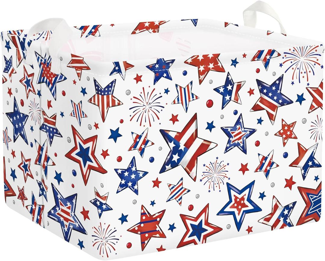 Clastyle Independence Day Patriotic Baby Gift Basket American Flag Firework Kid Book Toy Nursery Bin Collapsible Beach Towel Basket Clothes Organizer, Star, 40 * 30 * 30 cm