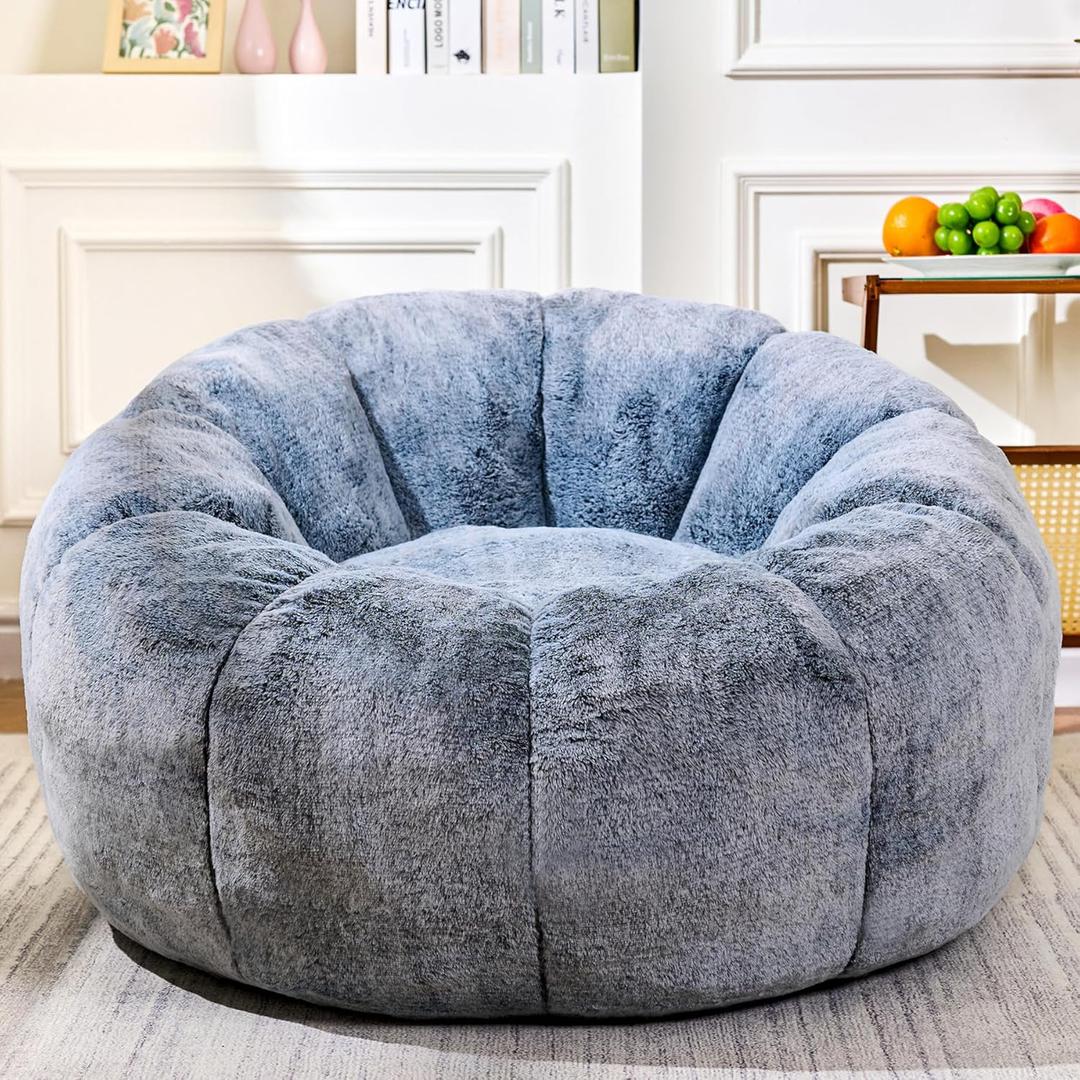 LinkRomat Bean Bag Chairs for Adults, Teens Youth Beanbag Reading Chair with Petal Arm Rest, Comfy Faux Fur Fluffy Bean Bag for Living Room, Bedroom, Dorm, Game - Grey, Large, Low Support