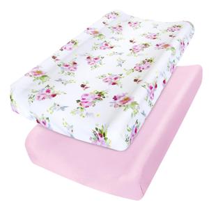 Changing Pad Cover for Girls 2 Pack, Lovely Print Soft Diaper Change Table Sheets, Fit 32"x16" Contoured Pad, Comfy Cozy 2-Pack Cradle Sheets,Floral