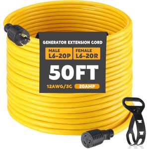 Tellegloww 50ft NEMA L6-20 Generator Extension Cord L6-20P Male Plug to L6-20R Female Receptacle 3 Prong 20 Amp Locking Power Cord, STW 12 AWG/3C,250 Volt 5000 Watts, ETL Listed
